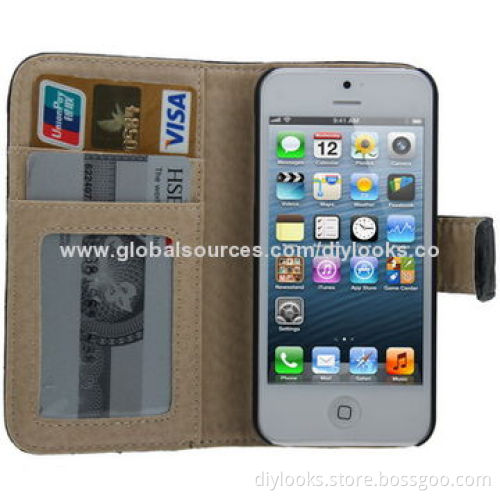 Soft Flip Leather Mobile Phone Cases for iPhone 5/5S with Credit Card Slots and Holder Function